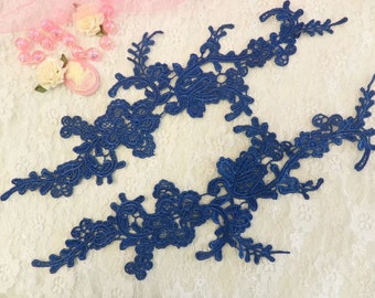 Embroidered Floral Applique Mirror Pair Dark Blue Clothing Patch Craft Motif 13.5" (BL98X)