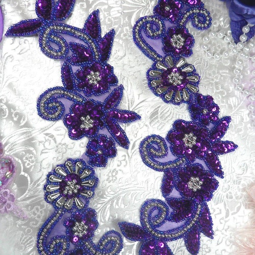0183 Purple Silver Floral Mirror Pair Beaded Sequin Appliques | Etsy