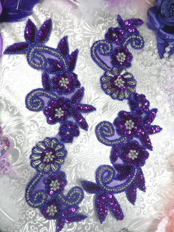 0183 FUCHSIA SILVER MIRROR PAIR SEQUIN BEADED APPLIQUES