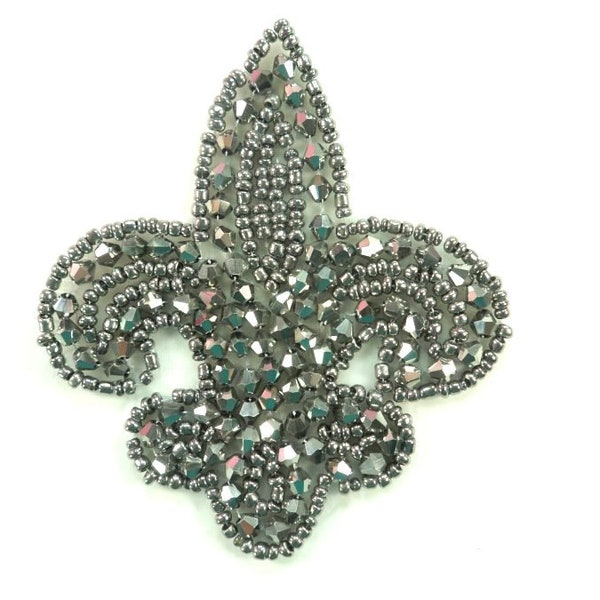 Fleur De Lis Gunmetal Beaded Applique Motif 3,5" JB95