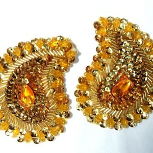 0361 Gold Paisley Mirror Pair Beaded Sequin Appliques 3.25&quot; (0361X-gl)