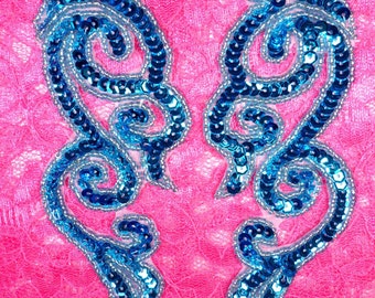 JB233 Sequin Appliques MIRROR PAIR Turquoise Scroll Patch 7"  (JB233X-tr)