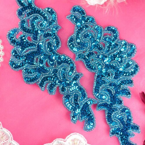 JB259 Sequin Appliques Turquoise MIRROR PAIR Floral Patch - Etsy