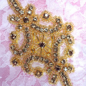 JB115 Applique Champagne Rhinestones Gold Beaded 4&quot; (JB115-chp)