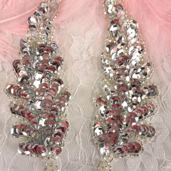 FS760  Silver Leaf Mirror Pair Beaded Sequin Appliques 4" (FS760-sl)