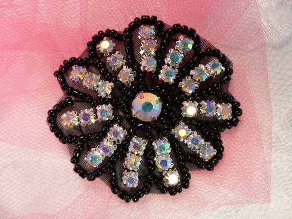 Crystal AB Rhinestone Applique Black Beaded Floral Crystal