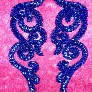 JB233 Sequin Appliques MIRROR PAIR Blue Scroll Patch 7"  (JB233X-bl)