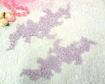 Embroidered Floral Applique Mirror Pair Light Lavender Clothing Patch Craft Motif 13.5" (BL98X)