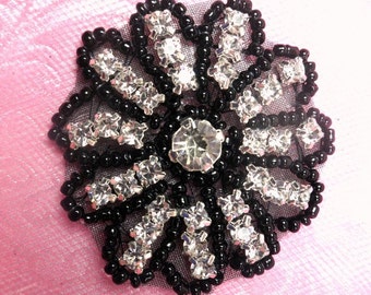 JB57  Rhinestone Applique Black Beaded  Floral Crystal 2" (JB57-bkcr2)