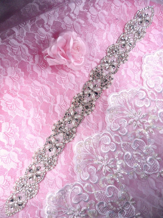 Sale Bridal Sash Crystal Rhinestone Pearl Applique Patch  display picture 3