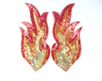 Appliques flammes de feu paire de miroirs perles holographiques paillettes couture patch danse costume motif artisanat et suppliques 25 cm JB38X