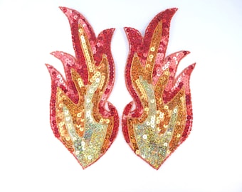 Flames of Fire Appliques  Mirror Pair Beaded Holographic Sequin Sewing Patch Dance Costume Motif crafts and suppliques 10" JB38X