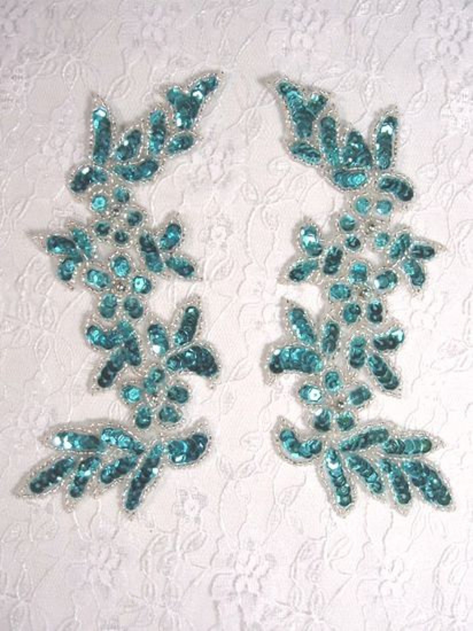0279 Turquoise Mirror Pair Sequin Beaded Appliques 6 Etsy