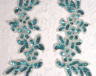 0279 Turquoise Mirror Pair Sequin Beaded Appliques 6"  Sewing Crafts Motif Patch (0279X-trsl)