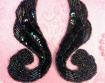 DIY Sequin Appliques Black Iris AB Aurora Borealis Mirror Pair Beaded  4.25" Sewing Craft Motif  Dancing Patch (0123X-bkab)