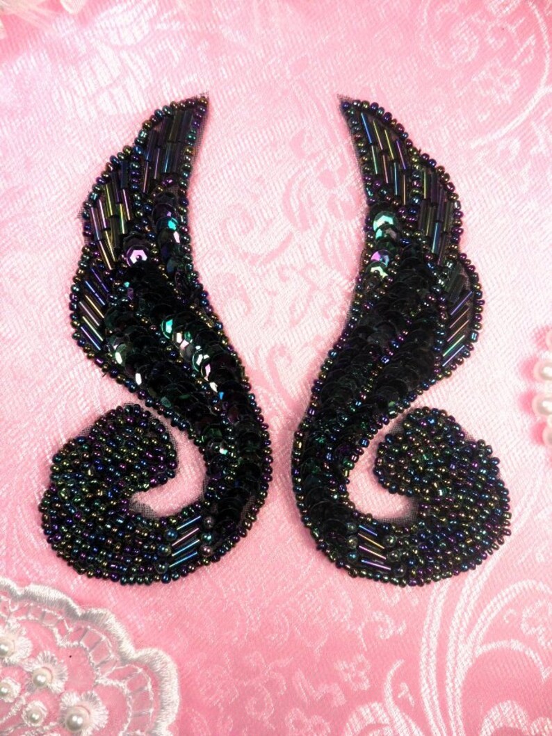 DIY Sequin Appliques Black Iris AB Aurora Borealis Mirror Pair Beaded 4.25 Sewing Craft Motif Dancing Patch 0123X-bkab image 1