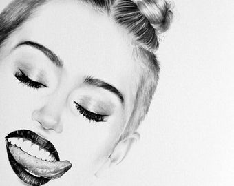 Miley Cyrus Pencil Drawing Fine Art Print Signed by Artist