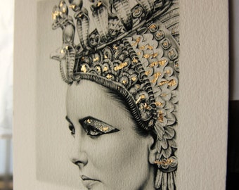 Elizabeth Taylor Pencil Portrait Drawing Fine Art LIMITED EDITION Gold Leaf Signed Print