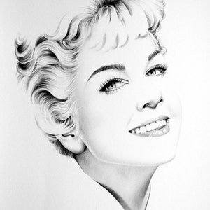 Doris Day Minimalismo Lápiz Dibujo Bellas Artes Retrato Impresión MANO FIRMADA