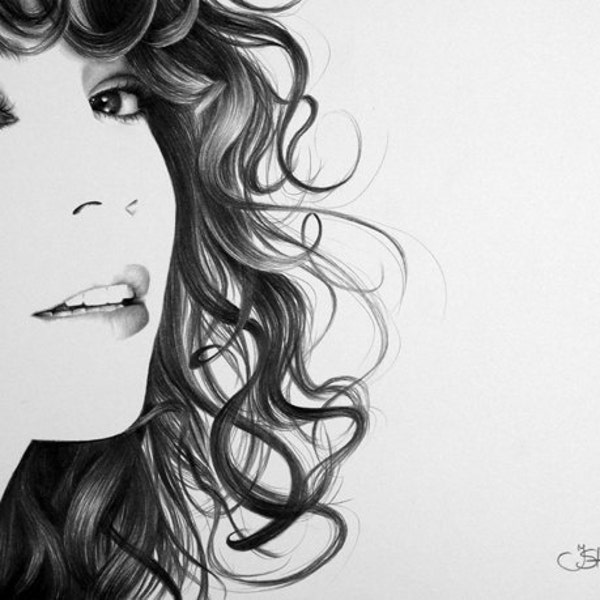 Retrato de bellas artes de dibujo a lápiz de Mariah Carey Impresión firmada