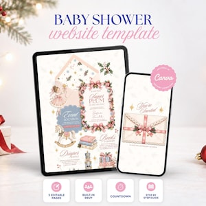 Puede incluir: Una plantilla de sitio web para baby shower digital mostrada en una tableta y un teléfono inteligente, con gráficos festivos como un cascanueces, un caballito de madera y un sobre. El texto dice BABY SHOWER website template y You're Invited.