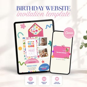 Modelo de site editável para festa de aniversário de um ano com confirmação de presença e lista de desejos. Convite colorido para festa de aniversário de um ano. Download digital. 3126