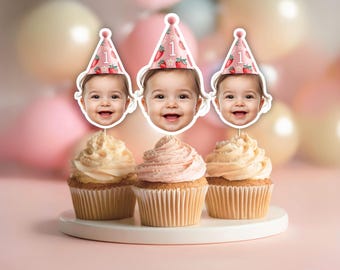 Berry First Birthday Hat Custom Face Cupcake Topper Personalized 1st Birthday Cake Topper Strawberry Cake Topper Face Cutout 16CCT