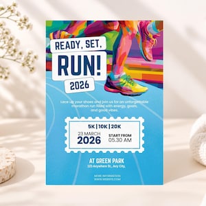 Puede incluir: Un folleto rectangular de eventos con un gráfico colorido de zapatillas de correr en una pista. El texto dice READY, SET, RUN! 2026, 5K | 10K | 20K, 23 MARCH 2026, START FROM 05.30 AM, AT GREEN PARK, 123 Anywhere St., Any City, y MORE INFORMATION WWW.WEBSITE.COM.
