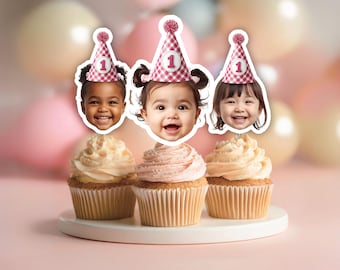 Pink Gingham First Birthday Party Hat Custom Face Cupcake Toppers Baby Face Hat Cupcake Topper Personalized Gingham Party Topper 33CCT