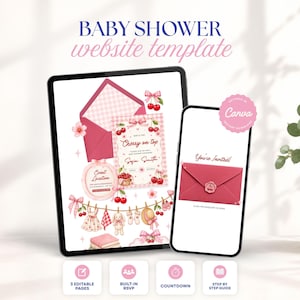 Könnte beinhalten: Eine digitale Baby-Shower-Website-Vorlage auf einem Tablet und Smartphone. Der Bildschirm zeigt eine rosa Einladung mit Kirschillustrationen, einem roten Umschlag und Babykleidung. Text: BABY SHOWER website template, Cherry on top, You're Invited.