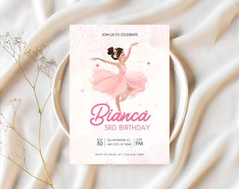 Invitación editable para fiesta de cumpleaños de bailarina con tutú rosa. Invitación animada para el tercer cumpleaños. 21 CCT.