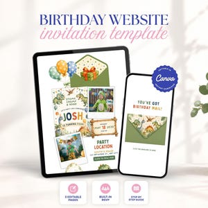 Op de afbeelding: Een digitaal sjabloon voor een verjaardagsuitnodigingswebsite, weergegeven op een tablet en smartphone. Het ontwerp bevat illustraties van dinosaurussen, ballonnen en tekst, waaronder "BIRTHDAY WEBSITE invitation template" en "JOSH IS TURNING FOUR" met Canva-branding.