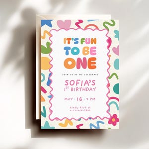 Editable It's Fun to Be One Colorful First Birthday Invitation Girl One is Fun Party Invite Template 3126