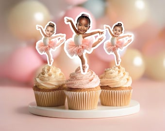 Decorazioni personalizzate per feste di compleanno a tema ballerina, decorazioni per cupcake con viso personalizzato, bomboniere di compleanno a tema tutù, stampabili per feste di ballerine di danza classica 21CCT