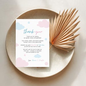 Edytowalna karta z podziękowaniami „Jak będzie wyglądać dziecko w chmurze” z podziękowaniami Szablon Canva do natychmiastowego pobrania cyfrowego 01GRI