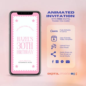 Digitale Geburtstagseinladungsvorlage, animierte Geburtstagseinladung zum 30. Geburtstag, DIY digitale Einladung zum 30. Geburtstag, bearbeitbare Canva-Vorlage Sofort-Download 01BI