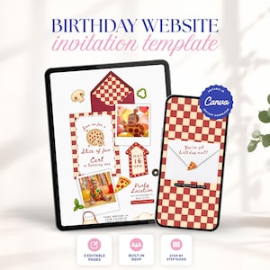 May include: A digital birthday website invitation template displayed on a tablet and smartphone. The design features a red and white checkered pattern, pizza graphics, and text including 'Join us for a slice of fun Carl is turning one'.