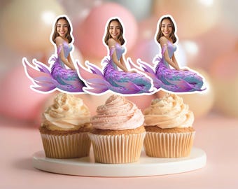 Gepersonaliseerde cupcake-toppers met zeemeermingezicht, Under the Sea Party (digitaal bestand)