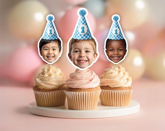Blue Gingham First Birthday Party Hat Custom Face Cupcake Toppers Face Hat Kid Face Cupcake Topper Personalized Topper 24CCT