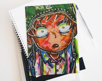 Cuaderno de tapa dura con líneas mate, personalizado con un joven en guerra para amantes del anime otaku