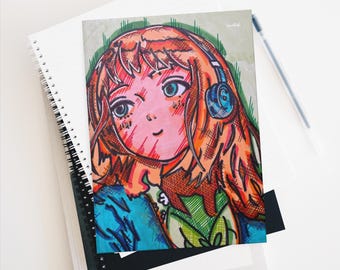 Jade Lofi Personalized Anime Girl Illustration Notebook, Hardcover Lined Matte Journal, Colorful Graffiti Portrait for Music Fans