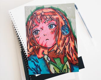 Hardcover Lined Matte Journal  Jade Lofi Anime Girl Illustration Colorful Graffiti Portrait Notebook for Lofi Music Fans