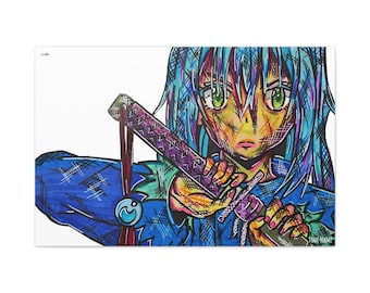 Pine Wood Frame Wall Art Rimuru Tempest Reincarnated as a Slime Sword Samurai for Gaming Room    White Anime Print Decor Isekai Hero