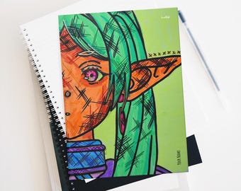 Cuaderno de tapa dura rayado mate con cabello verde de elfo mago, edición especial, personalizado para amantes de los otakus.