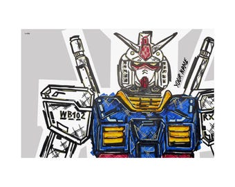 Mech Gun Warrior Bust Satin Poster Robot Illustration, Anime Wall Art
