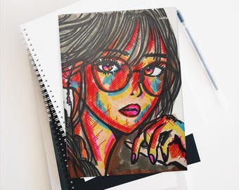 Hardcover Lined Journal Matte Illustrated Woman with Glasses Collectors Edition Notebook for Writing Otaku Fan Gift
