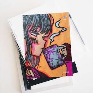 Hardcover Lined Journal Matte Personalised Dami Anime Lofi Girl Notebook for Coffee Lovers Illustrated Cover