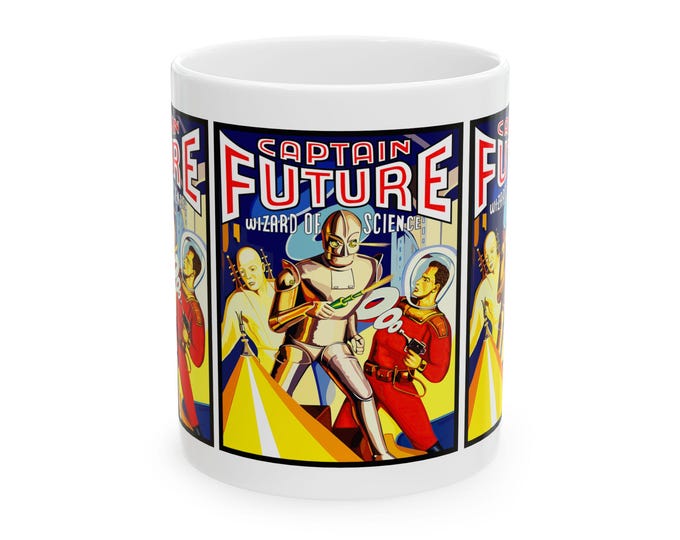 Featured listing image: Vintage 1940 Captain Future Ceramic Mug, Retro Sci-Fi Coffee Cup, Wizard of Science Tea Mug, Geek Gift, Nerd Present, Space Explorer
