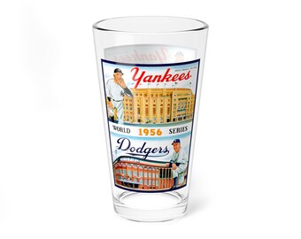 Mixing Glass, 16oz - Vintage 1956 Baseball World Series Brooklyn Dodgers New York Yankees Memorabilia, Cocktail Glass, Barware Gift, Sports