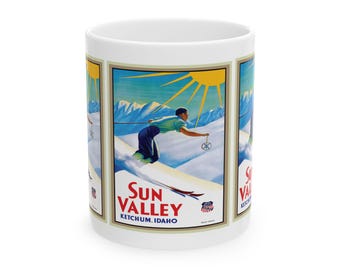 Vintage Sun Valley Idaho Ski Poster Ceramic Mug, Southern Pacific Skiing Cup, Retro Ski Lodge Coffee Mug, Mountain Winter Sports Tea Cup,